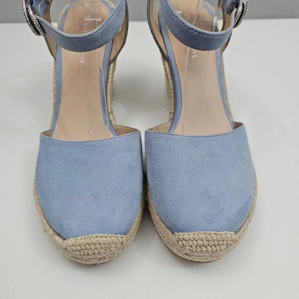 Stuart Weitzman Crystal Buckle Wedge Womens 10 Cornflower Blue Suede Espadrille - Picture 9 of 16